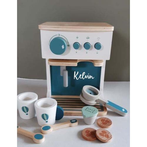''Label Label'' houten espresso machine blauw (met naam)