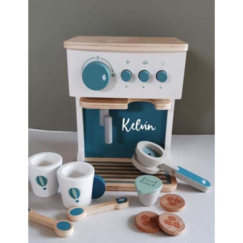 ''Label Label'' houten espresso machine blauw (met naam)