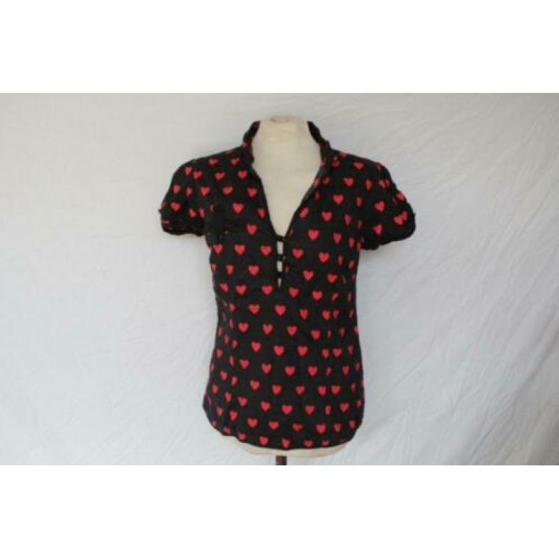 Leuke katoenen damesblouse.Zwart.Hartjes.Mt S.Revolution