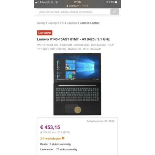 Lenovo V145-15AST A9 / 3.1 GHz nieuwe laptop