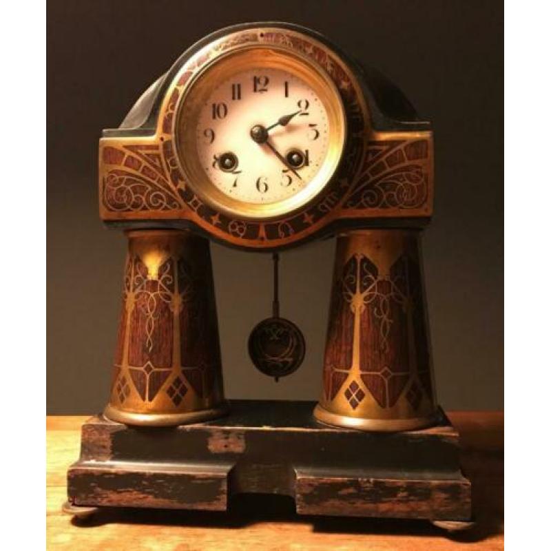 Oude Duitse Kolom Pendule, Art Nouveau periode, ingelegd