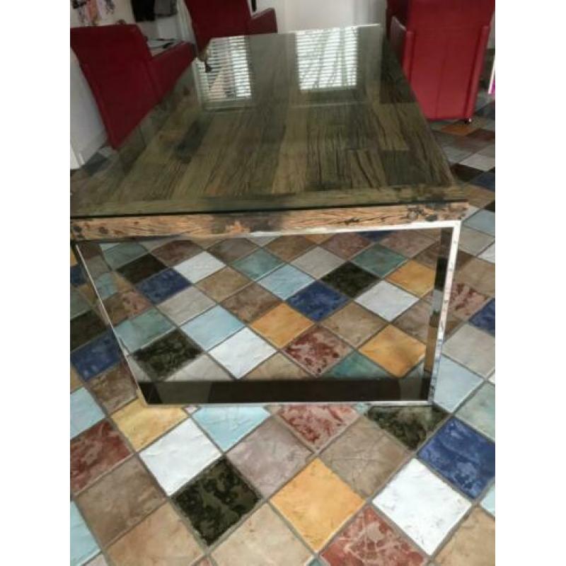 Robuuste eettafel chroom onderstel met glasplaat