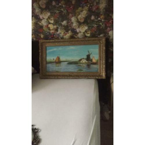 Leuk schilderij met oude lijst bronskleurig