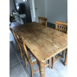 Stoere oud grenen eethoek met 4 stoelen