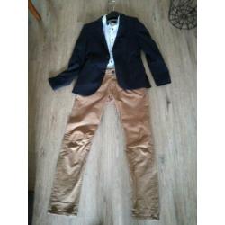 Slim fit maat 44. Donkerbl blazer overhemd beige broek