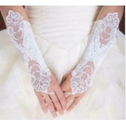 Vingerloze satin handschoen mt applicatie ivoor of wit nieuw