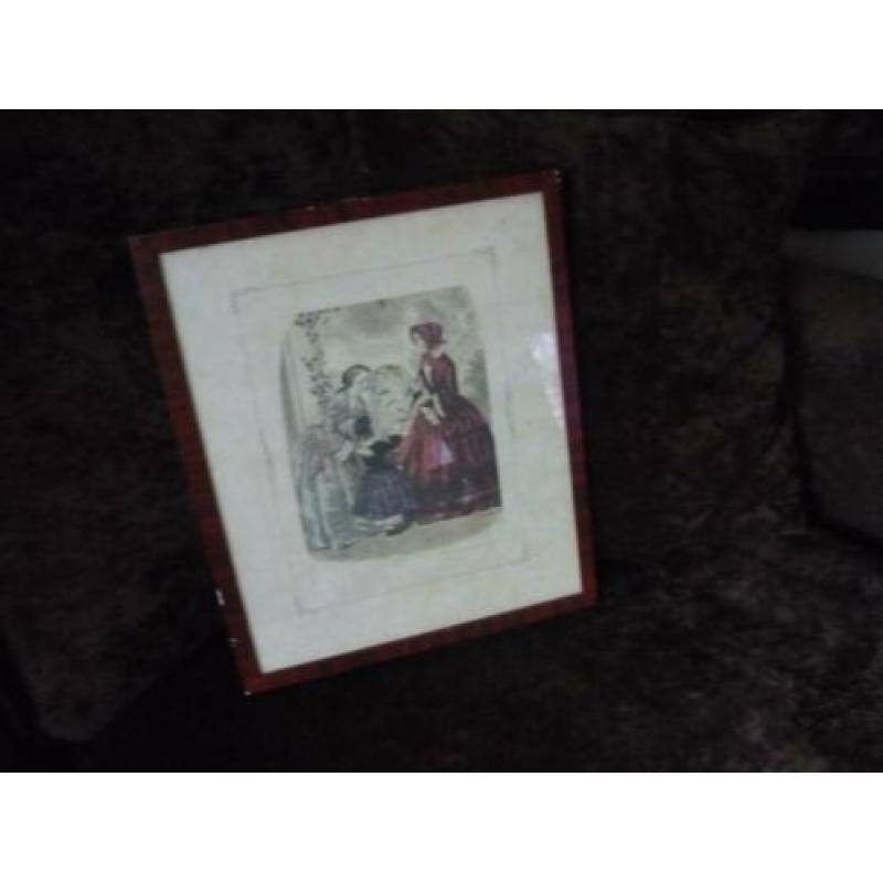 Brocante oude ingelijste mode prent, antiek, 19e eeuws