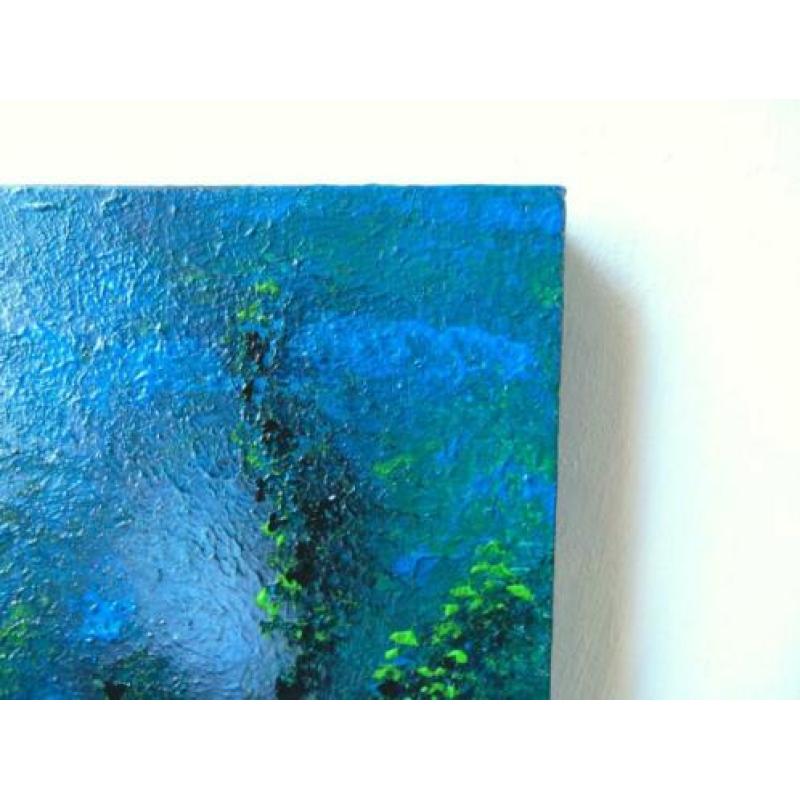 Plant in blauw water, schaduwen en licht onderwater. Kalm.