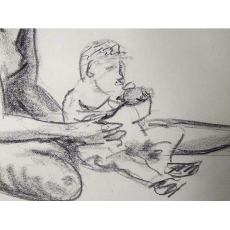 Moeder met kind zwart krijt op papier kunstenaar 20e eeuw