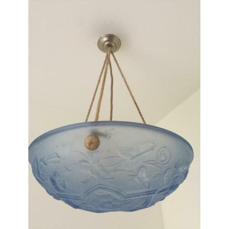 Mooie Art Deco schaallamp, blauw mat glas
