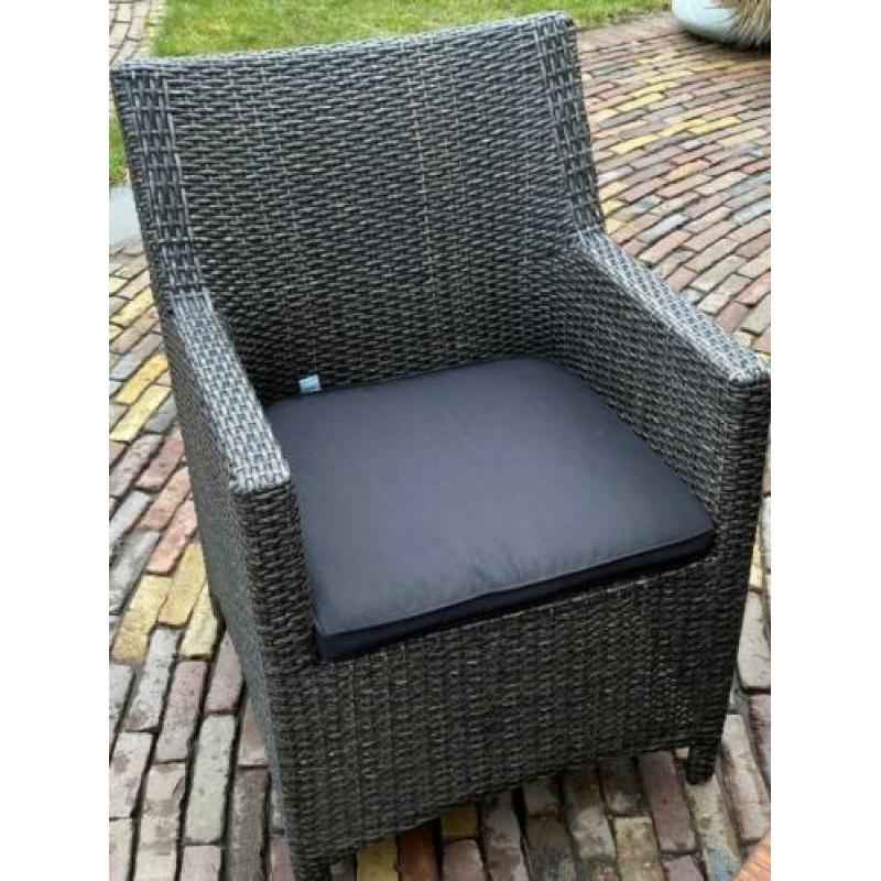tuinset, teakhouten tafel (3m) met wicker stoelen