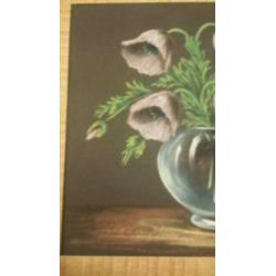 prachtige pastel tekening van vaas met anemonen oude lijst