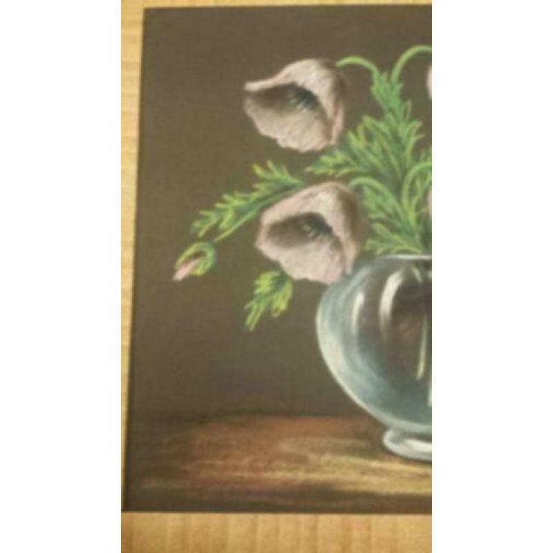 prachtige pastel tekening van vaas met anemonen oude lijst