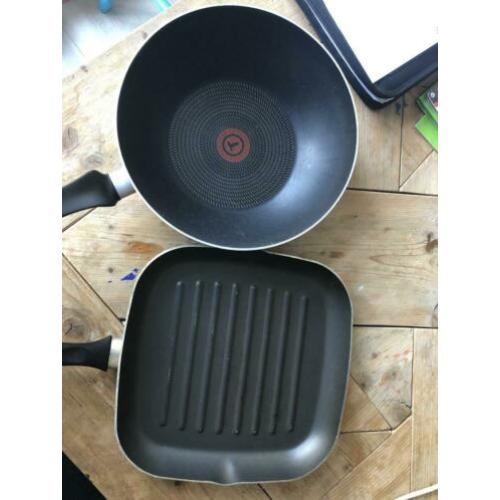 2x pan, wokpan en grillpan Tefal
