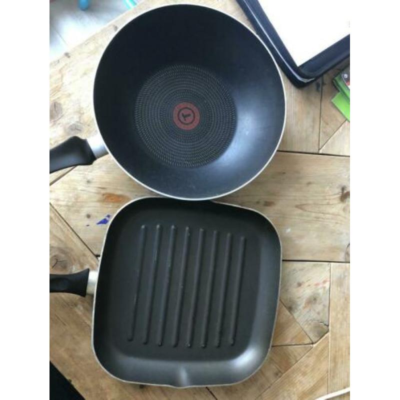 2x pan, wokpan en grillpan Tefal