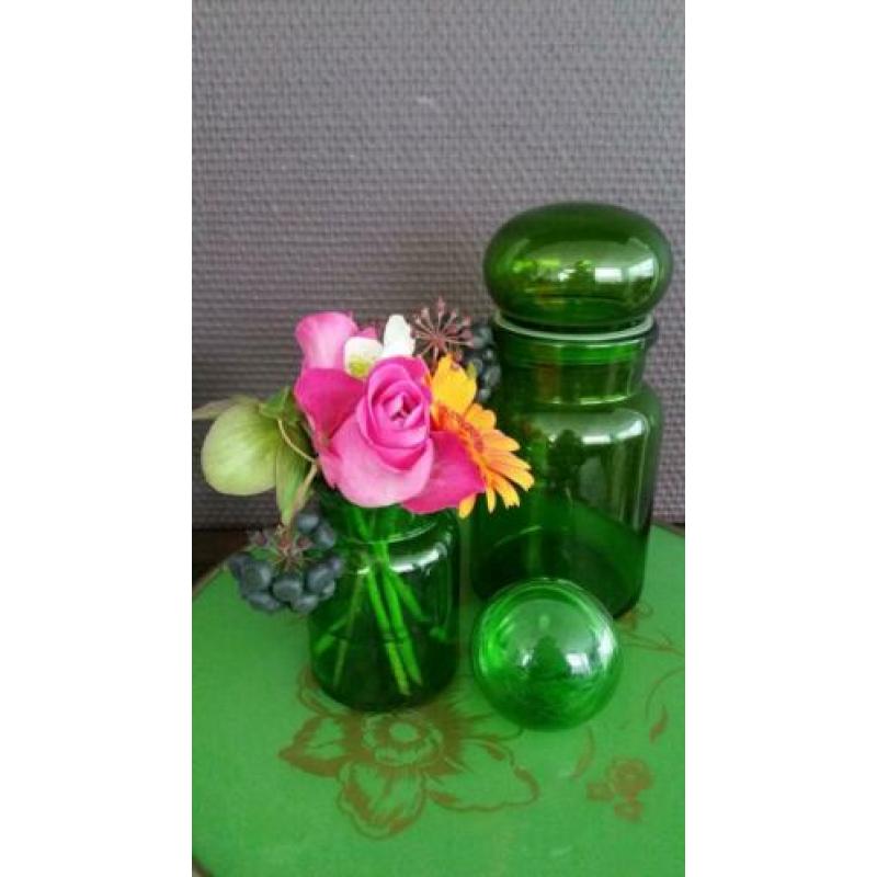 Retro vintage groene apothekersflesjes stopflessen glas