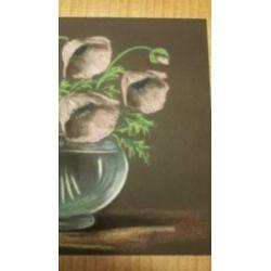 prachtige pastel tekening van vaas met anemonen oude lijst