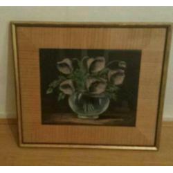 prachtige pastel tekening van vaas met anemonen oude lijst