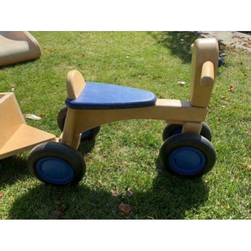 Houten loopfiets Van Dijk + aanhanger blauw