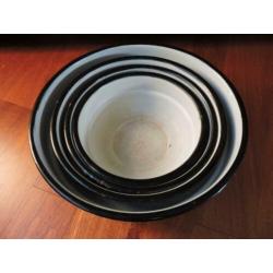 Set emaille schalen petroleum blauw zwarte rand kommen Fr