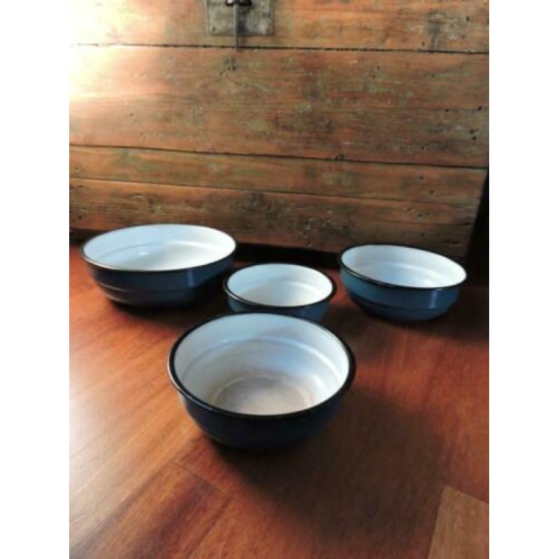 Set emaille schalen petroleum blauw zwarte rand kommen Fr