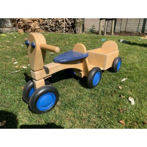 Houten loopfiets Van Dijk + aanhanger blauw