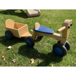Houten loopfiets Van Dijk + aanhanger blauw
