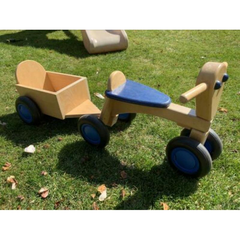 Houten loopfiets Van Dijk + aanhanger blauw