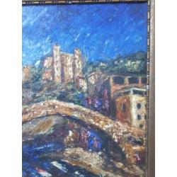 Schilderij van een brug bij kasteel - Frankrijk ?