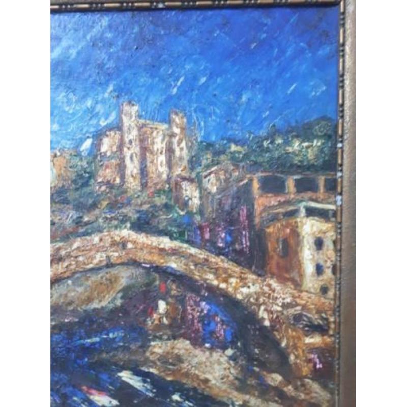 Schilderij van een brug bij kasteel - Frankrijk ?