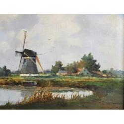 Marius de Jongere -Hollands polderlandschap met molen