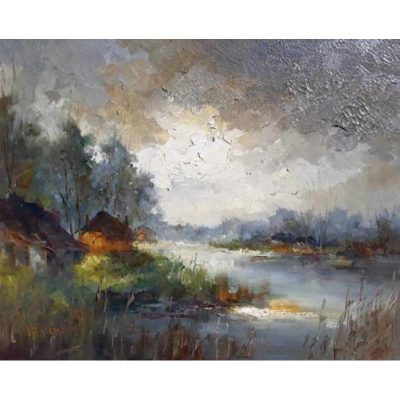 John Bevort - Landschap, olieverf op doek (ingelijst, groot)