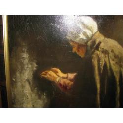 Boerin bij haard, olieverf op doek op board geplakt, gesign.