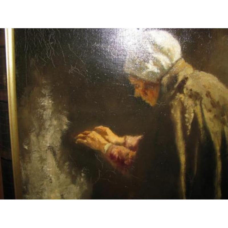 Boerin bij haard, olieverf op doek op board geplakt, gesign.
