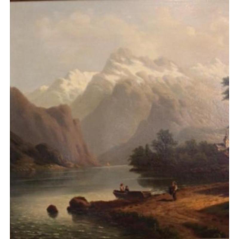 doek, 65 x 94, Zwitsers landschap, meer en figuren, ges.1884