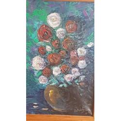 Olieverf schilderij vaas met rozen Dick van Wedden