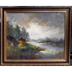 John Bevort - Landschap, olieverf op doek (ingelijst, groot)