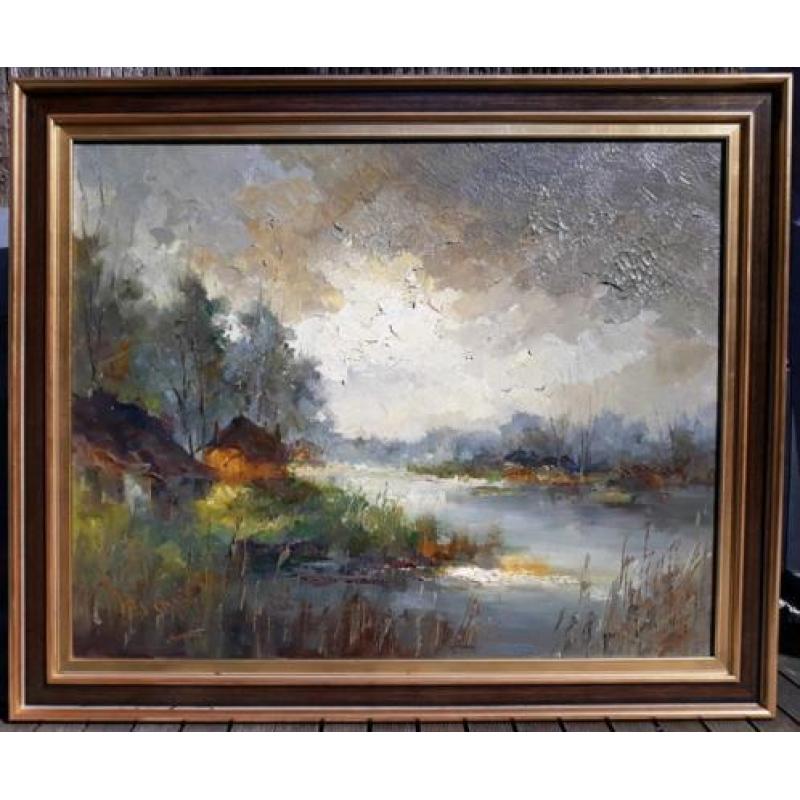 John Bevort - Landschap, olieverf op doek (ingelijst, groot)