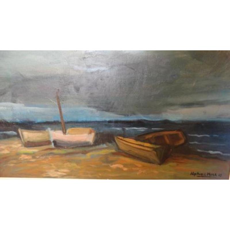 Alphonse Mora "boten op het strand"