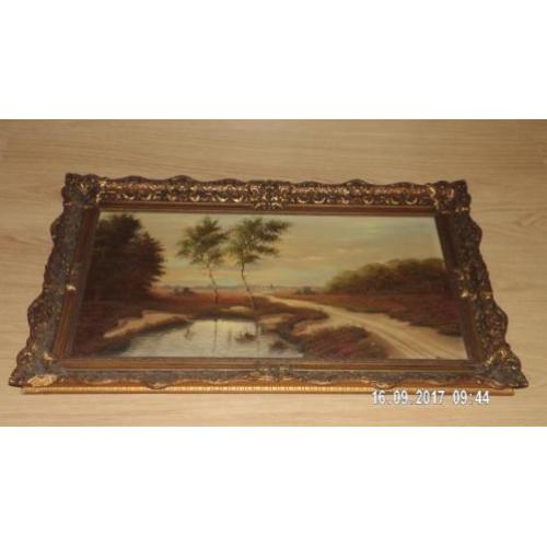 Heidelandschap met dorp, kerk en vijver - olieverf op doek.