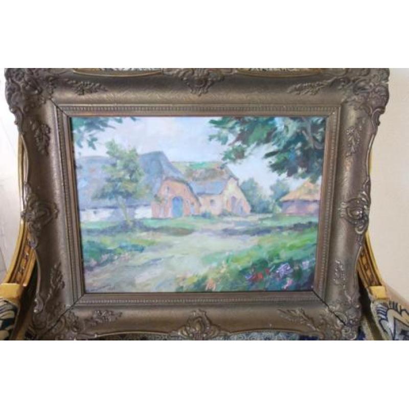 Boerderij in de zon,maroufle F.K.Kurowski in antieke lijst.
