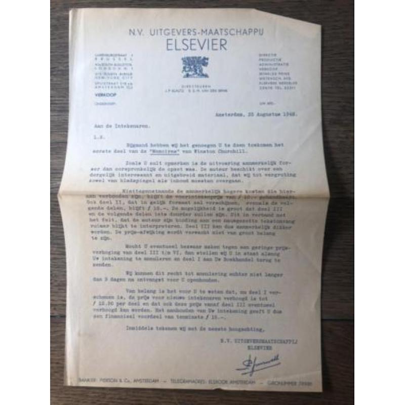 Memoires van Winston Churchill, met intekenbrief