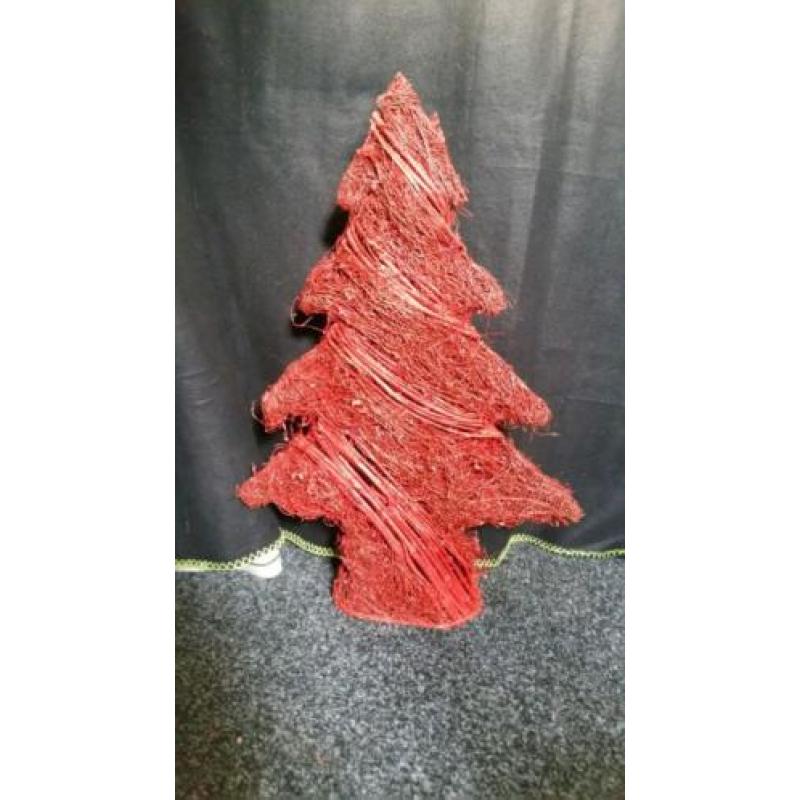 Rieten rode kerstboom 50cm en rode kerstdecoratie