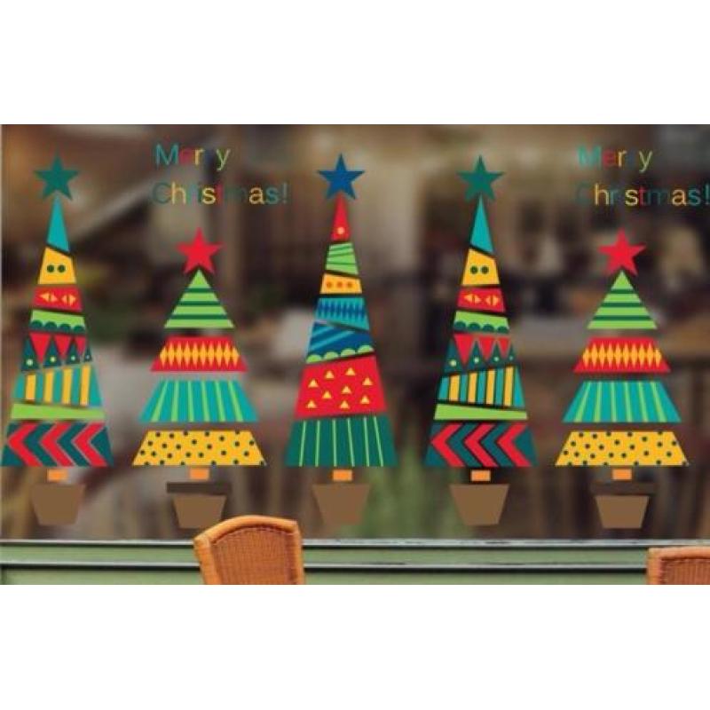 Raamsticker muursticker 3 kerstbomen kleur merry christmas