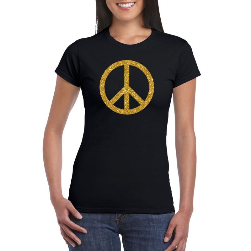 Toppers - Zwart Flower Power t-shirt gouden glitter peace teken dames